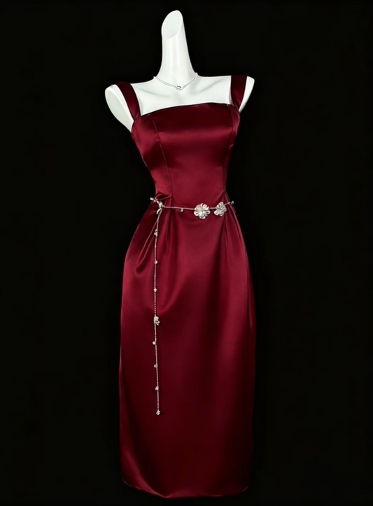 Classy Spaghetti Straps Satin Sheath Long Wedding Guest Dress,Burgundy Long Birthday Party Dress D4208