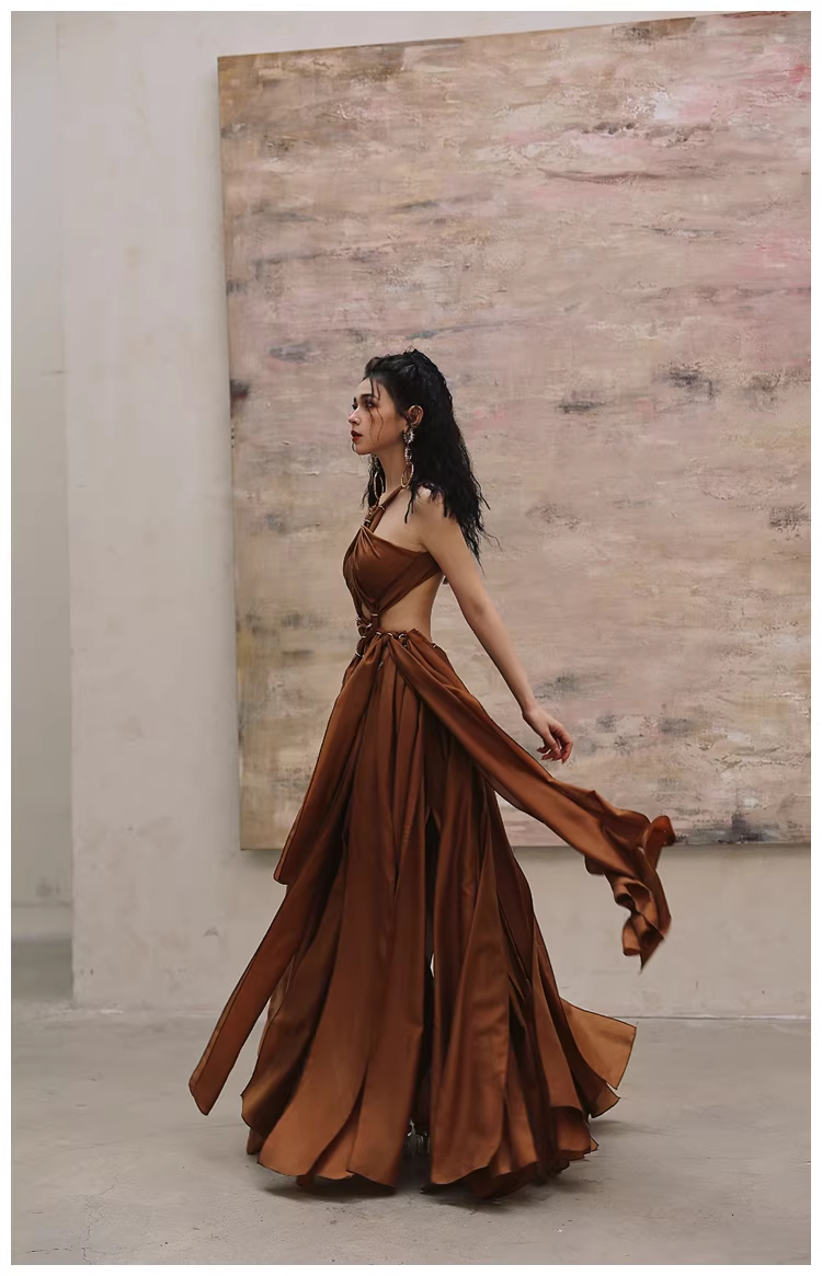 Sexy Halter Caramel Backless Satin Long party Dress Evening Gown D2419