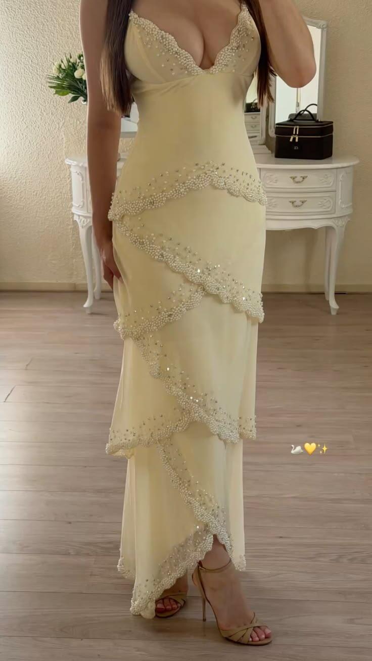Sexy V Neck Chiffon Layered Beaded Long Evening Dress,Yellow Long Party Dress D3813