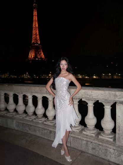 Charming Strapless White Chiffon Silver Sequin Mermaid Long Evening Dress Prom Dress D5303