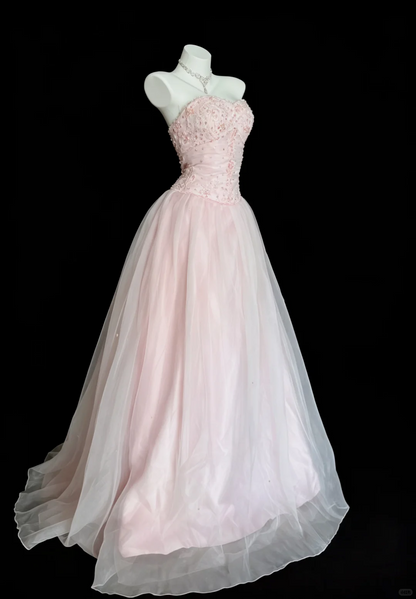 Elegant Pink Satin Tulle Beaded Long Evening Dress Sweetheart Neck Prom Dress D5228