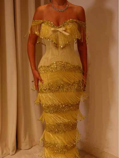 Gorgeous Off The Shoulder Satin Beaded Tassel Long Party Dress Yellow Long Birthday Evening Gowns D5242