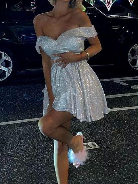 Sparkly Silver Sequin A Line Short 6th Grade Homecoming Dress,Off The Shoulder Mini Prom Dress D4122