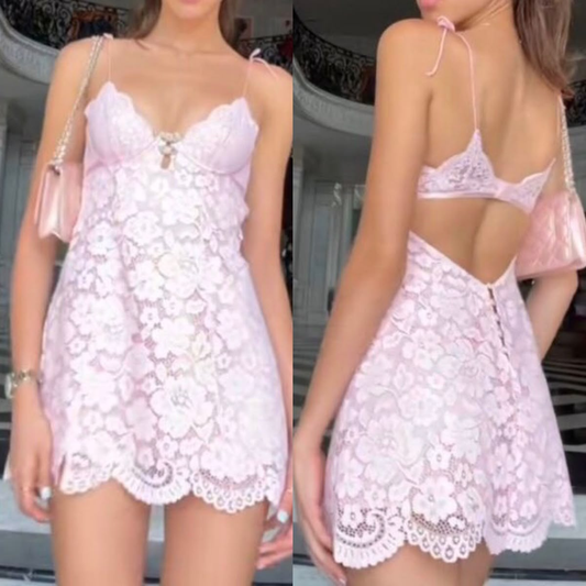 Sexy Spaghetti Straps Pink Lace Backless Short Party Dress Formal 8th Grade Homecoming Dress D112