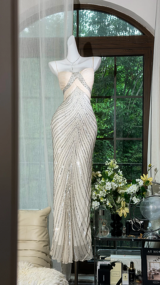Gorgeous Spaghetti Straps Light Champagne Chiffon Sequin Beaded Mermaid Evening Dress Long Party Gown D2936