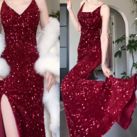 Sparkly Spaghetti Straps V Neck Blue Sequin Mermaid Slit Long Evening Dress Formal Wedding Guest Dress D2404