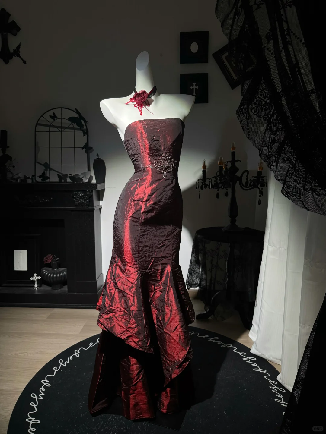 Vintage Burgundy Strapless Satin Beaded Mermaid Evening Dress Long Prom Gown D3732