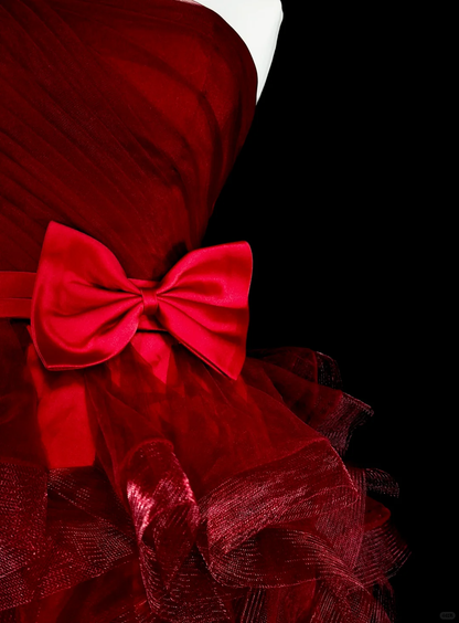 Chic Strapless Red Satin Tulle Beaded A Line Short Birthday Dress,Mini Prom Dress D4069