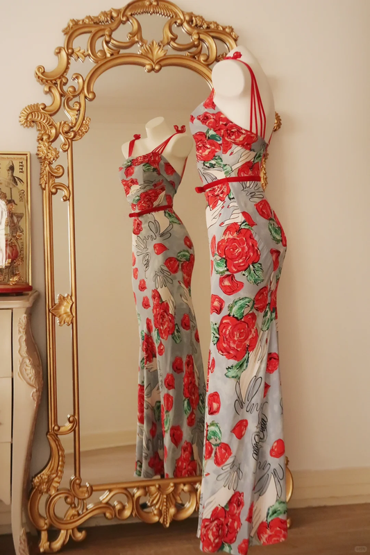 Beautiful Spaghetti Straps Chiffon Print Floral Mermaid Long Party Dress Prom Gown D2785