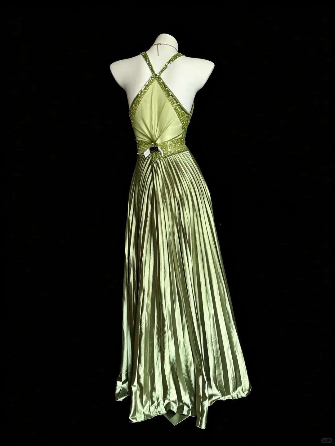Elegant Sage Green Satin Pleated Beaded Party Dress V Neck Long Evening Dress D5261