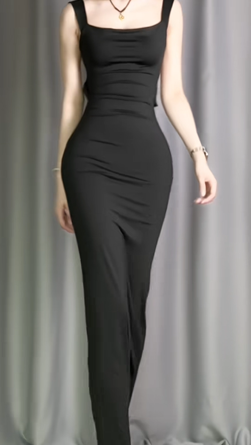 Fashion Black Satin Backless Mermaid Long Party Dress Evening Dress D2489
