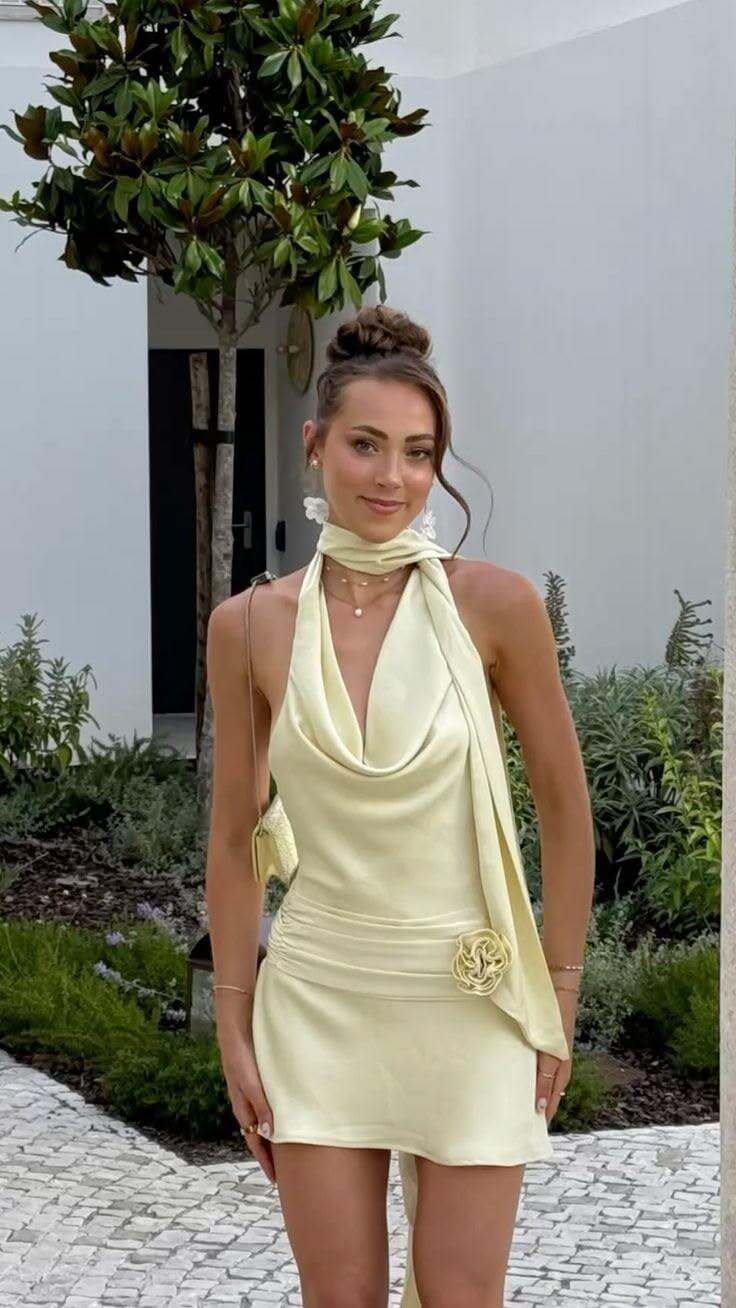 Classy Halter Satin Pleated Short Prom Dress,Yellow Short Homecoming Dress With 3D Floral D3858