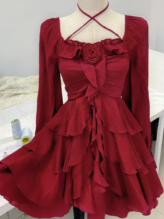 Elegant Burgundy Chiffon Layered Long Sleeves Short Party Dress Homecoming Dress D016