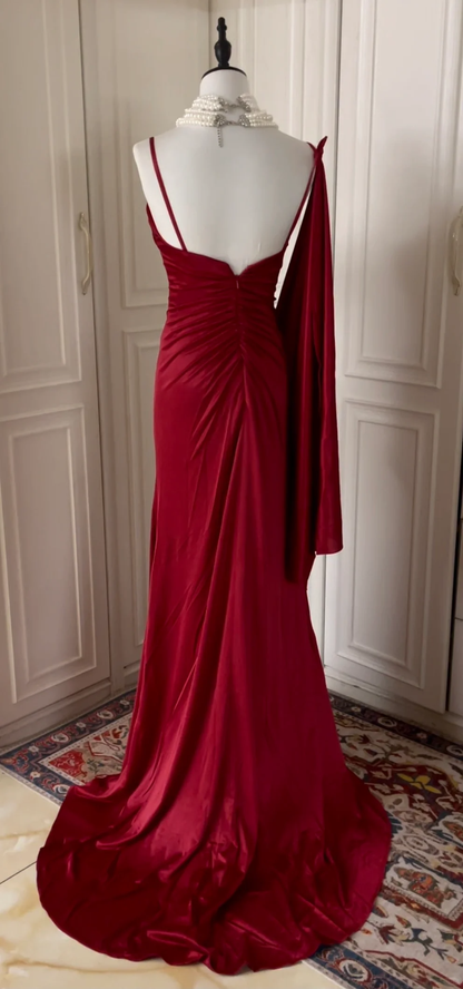 Charming Burgundy Satin Beaded Mermaid Evening Dress,Spaghetti Straps Long Wedding Guest Dress D3110