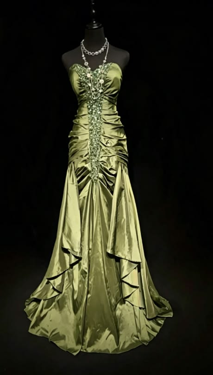 Fashion Sweetheart Neck Green Satin Pleated Beaded Mermaid Long Party Dress Evening Dress D4791