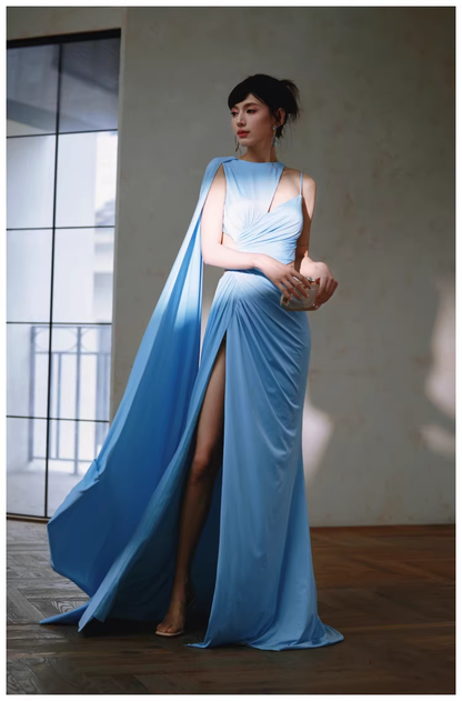 Sexy Blue Satin Slit Mermaid Long Prom Dress Evening Dresses D2459