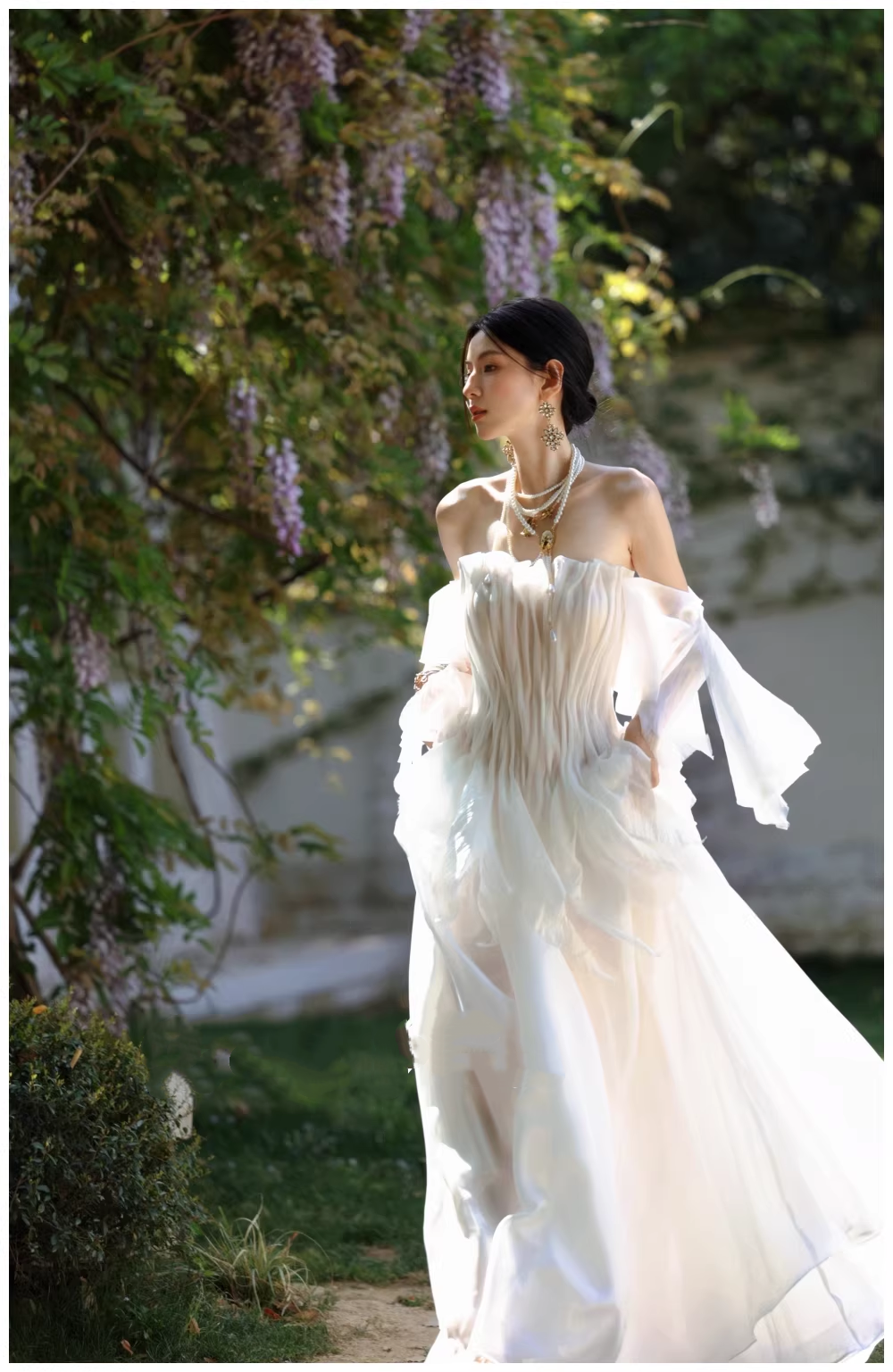 Fairy Off The Shoulder White Chiffon Pleated Pearls Long Party Dress Birthday Evening Gown D2411