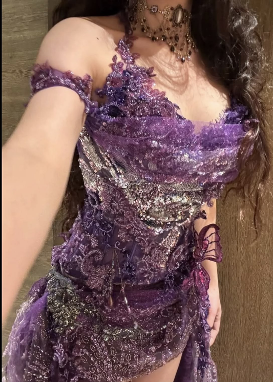 Vintage Halter Purple Tulle Lace Sequin Sheath Cocktail Dress,Short Birthday Outfits D3664