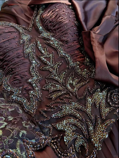 Vintage Brown Halter V Neck Satin Beaded A Line Long Evening Dress Birthday Party Dress D3120