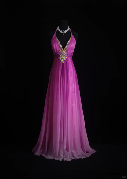 Elegant Halter V Neck Fuchsia Chiffon Beaded Party Dress Formal Long Wedding Guest Dress D2851