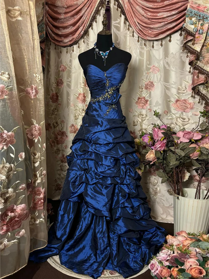 Unique Strapless Satin Pleated Evening Dress,Blue Sequin Beaded Long Party Dress Birthday Prom Dress D2013