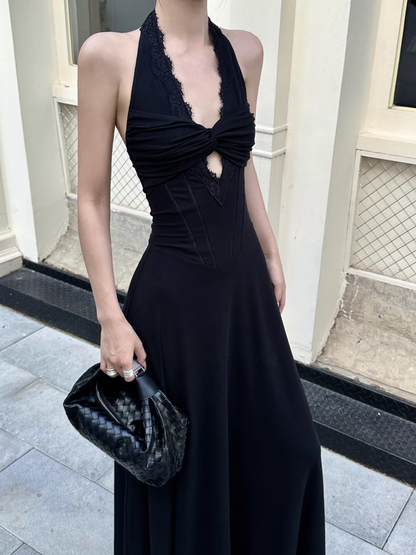 Sexy Black Halter Satin A Line Long Birthday Party Dress Evening Dress Formal Wedding Guest Dress D2079