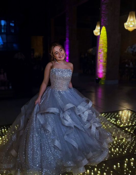 Gorgeous Strapless Ball Gown Blue Tulle Sequin Beaded Long Birthday Party Dress Prom Gowns D1919