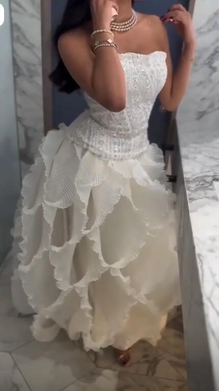 Elegant Strapless White Satin Beaded Tulle Pleated Long Party Dress Evening Dress D4586