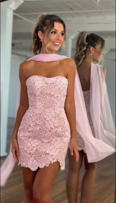 Glamorous Pink Lace Short 6th Grade Homecoming Dress Strapless Short Prom Dress D4374