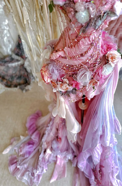 Fairy Halter Tulle Appliques Beaded Pink Mermaid Evening Dress,Formal Long Party Dress Prom Gown D1990