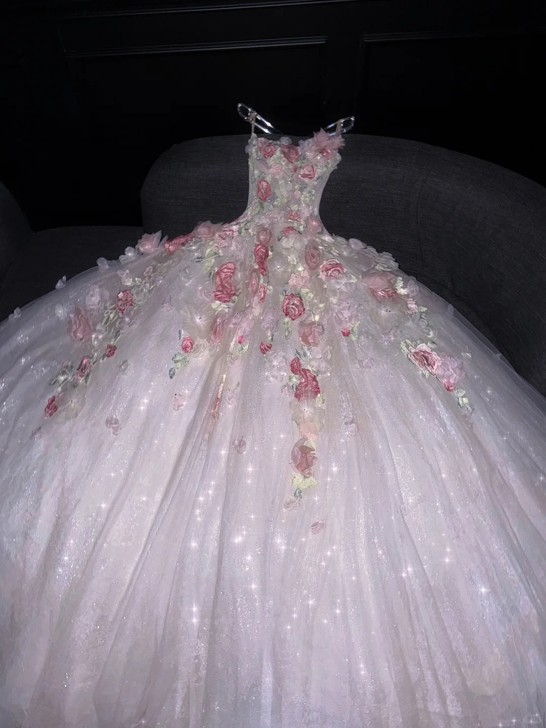 Charming Strapless White Tulle Sequin 3D Floral Long Wedding Dress D3083