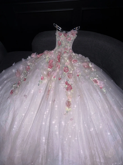 Charming Strapless White Tulle Sequin 3D Floral Long Wedding Dress D3083