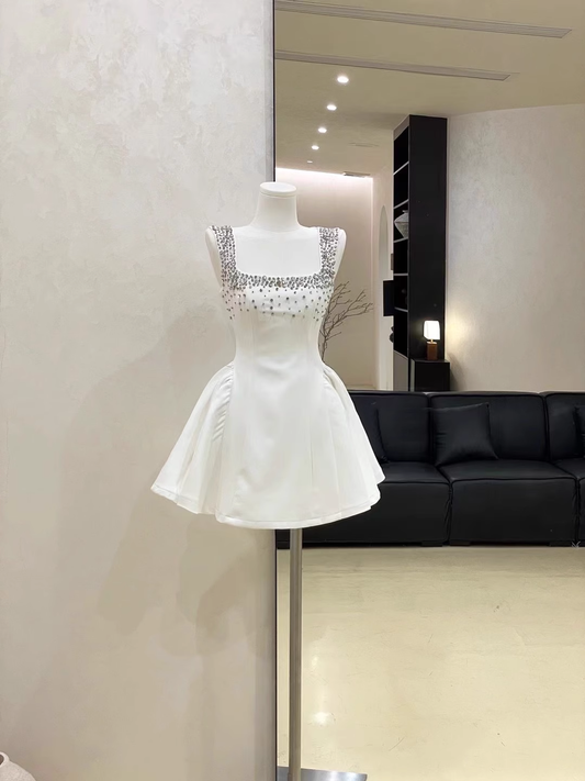 Sexy White Satin Beaded Square Neck A Line Birthday Outfits Vacation Dress S246