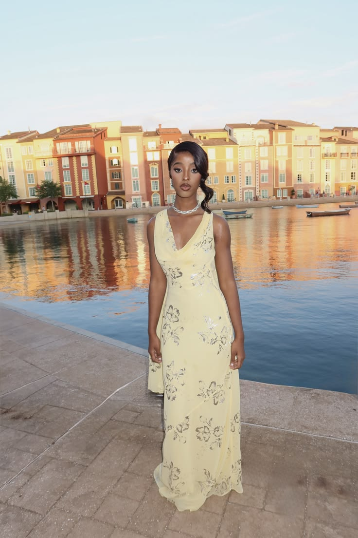 Pretty Yellow Chiffon Long Evening Dress Backless Birthday Party Dress D4962