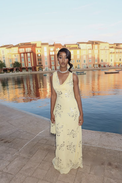 Pretty Yellow Chiffon Long Evening Dress Backless Birthday Party Dress D4962