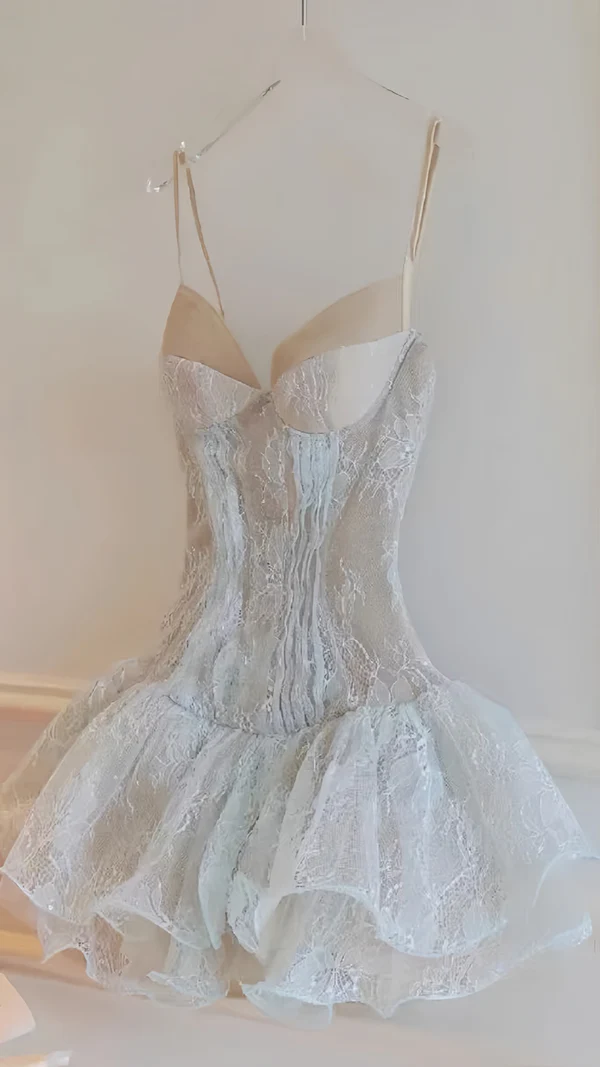 Classy Spaghetti Straps Light Blue Lace Short Homecoming Dress 18th Birthday Outfits D541