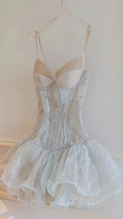 Classy Spaghetti Straps Light Blue Lace Short Homecoming Dress 18th Birthday Outfits D541