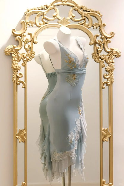 Pretty V Neck Blue Satin Embroidered Lace Sheath Knee Length Party Dress Birthday Dress D2739