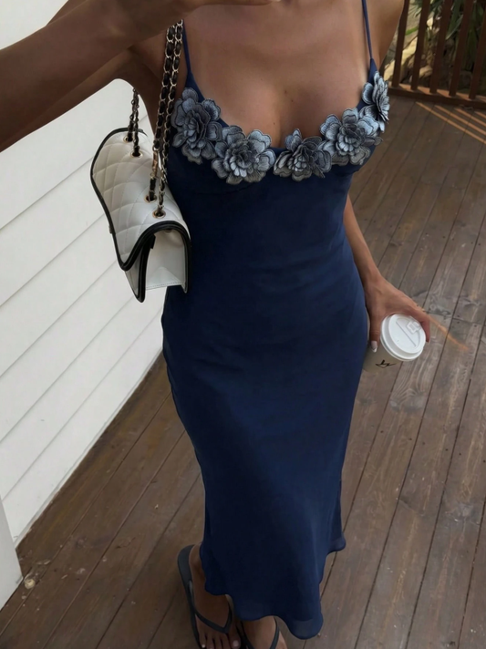 Vintage Navy Blue Spaghetti Straps Chiffon Mermaid Evening Dress 3D Flowers Long Party Gown D1030