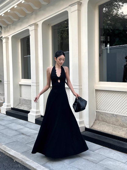 Sexy Black Halter Satin A Line Long Birthday Party Dress Evening Dress Formal Wedding Guest Dress D2079