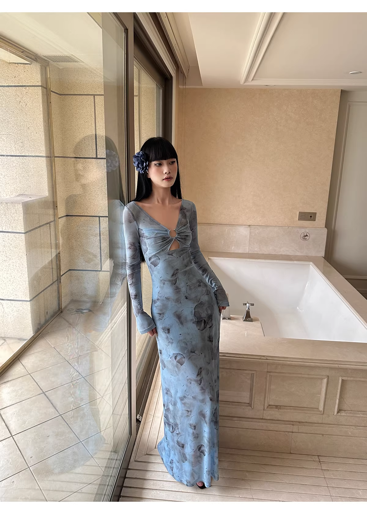 Charming V Neck Blue Lace Sheath Long Evening Dress Formal Wedding Guest Dress D2081