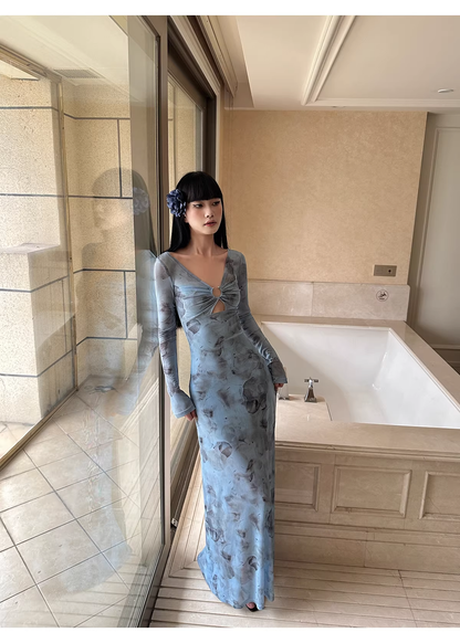 Charming V Neck Blue Lace Sheath Long Evening Dress Formal Wedding Guest Dress D2081