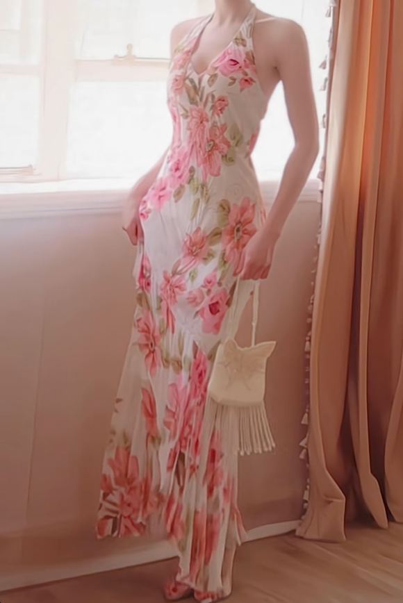 Pretty Halter V Neck Chiffon Print Floral Mermaid Long Party Dress Prom Dresses D2773