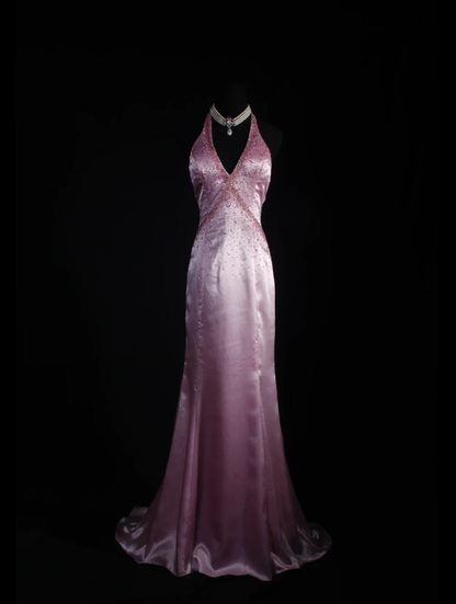 Classy Halter V Neck Satin Beaded Mermaid Long Party Dress Birthday Dress D2243