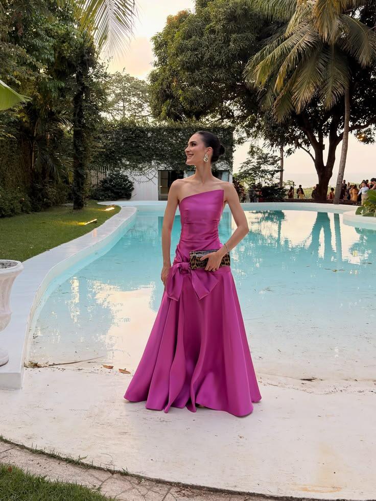Elegant Magenta Satin Mermaid Long Birthday Party Dress Strapless Long Wedding Guest Dress D4595