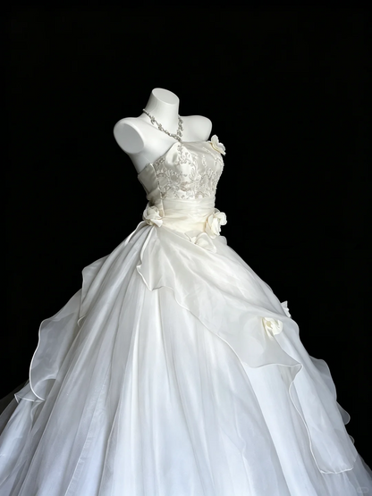 Pretty Strapless White Tulle Beaded 3D Floral Long Wedding Dress D5267