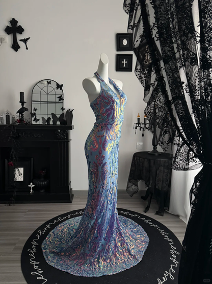 Sexy Halter Satin Sequin Mermaid Evening Dress，Purple Long Party Dress D3714