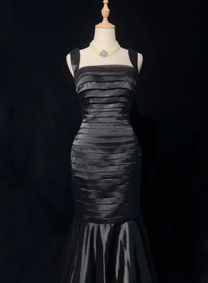 Fashion Black Satin Pleated Mermaid Long Evening Dress Wedding Guest Dress D2061