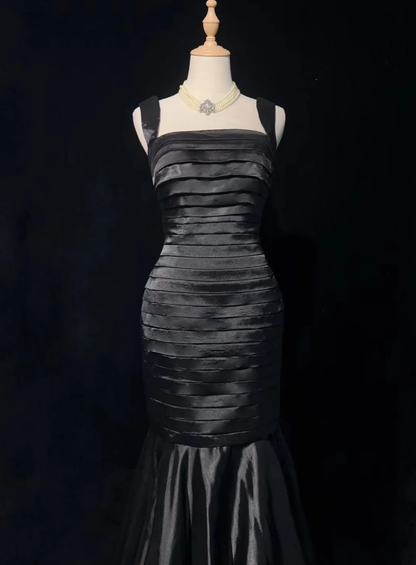 Fashion Black Satin Pleated Mermaid Long Evening Dress Wedding Guest Dress D2061