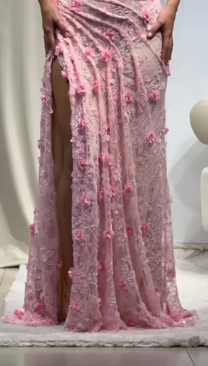 Glamorous Halter Pink Lace Floral Slit Mermaid Long Evening Gown Party Dress D2925